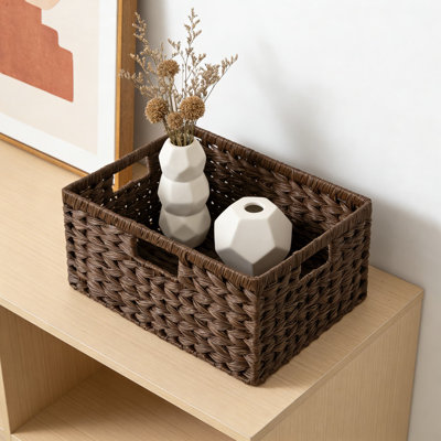 Paniers de rangement en osier avec poignées, bacs de rangement tissés imperméables pour tablettes, conception en rotin de plastique durable pour garde-manger, salle de bain et décoration intérieure