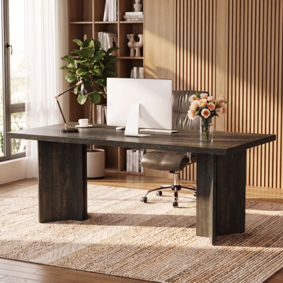 63" Farmhouse Executive Desk – Vintage Wood Computer Workstation With Thickened Tabletop, Large Writing & Conference Table For Home Office Or Study