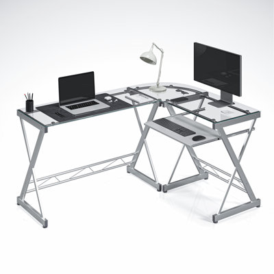 L-Shaped Tempered Glass Top Computer Desk with Pull Out Keyboard Panel