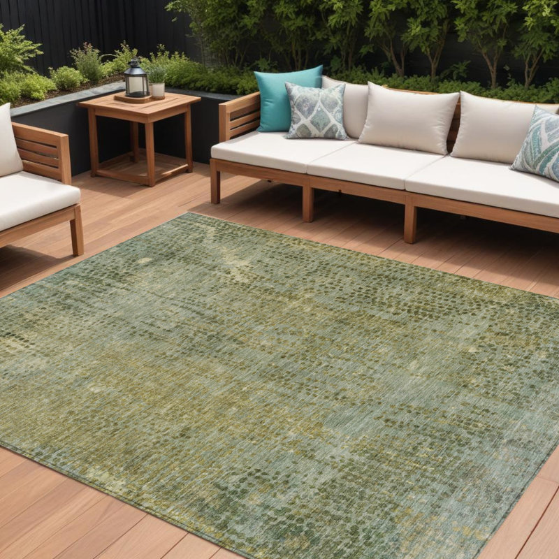 Tapis intérieur lavable abstrait vert et ivoire 8 pi x 10 pi