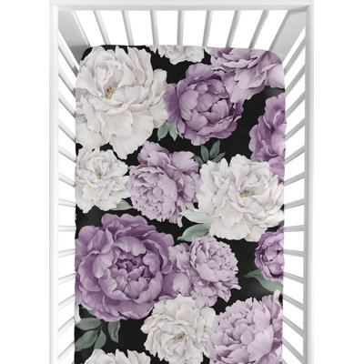 Peony Floral Garden Black and Purple Fitted Crib Sheet by Sweet Jojo Designs