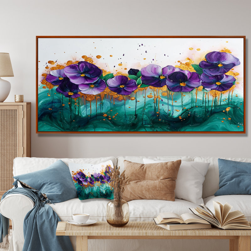 Lavande, pensées sur encre émeraude II - pensées, art mural, H 28 po x l 60 po, Impression encadrée flottante, Brun