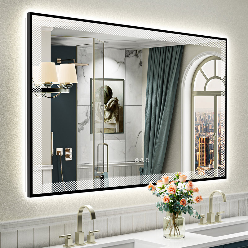 Black Framed LED Bathroom Mirror with Frontlit and Backlit, Lighted Vanity Mirror for Wall, Double Lighting 3 Colors Dimmable, Anti-Fog, Tempered Glass Shatter-Proof (Horizontal/Vertical)
