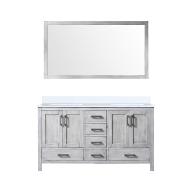 Meuble-lavabo double gris vieilli 60 po x 22 po, miroir de 58 po à fermeture en douceur, grandes options de rangement, l 60 po avec marbre
