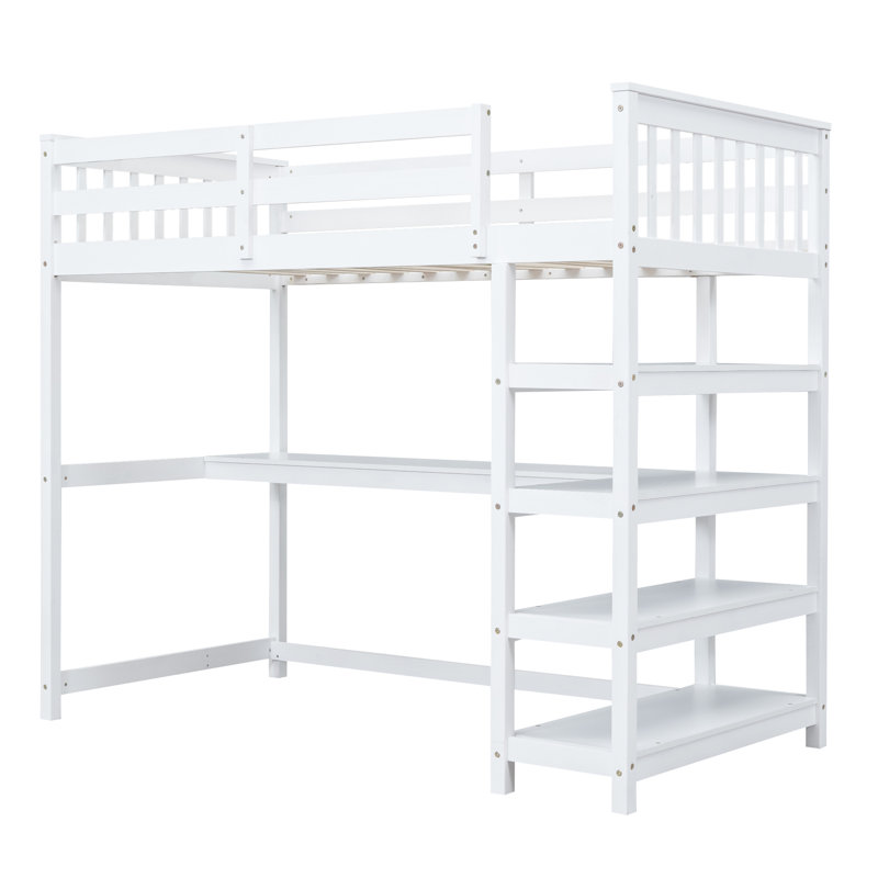 Lit mezzanine avec tablettes de rangement et bureau sous le lit, Blanc, Lit simple