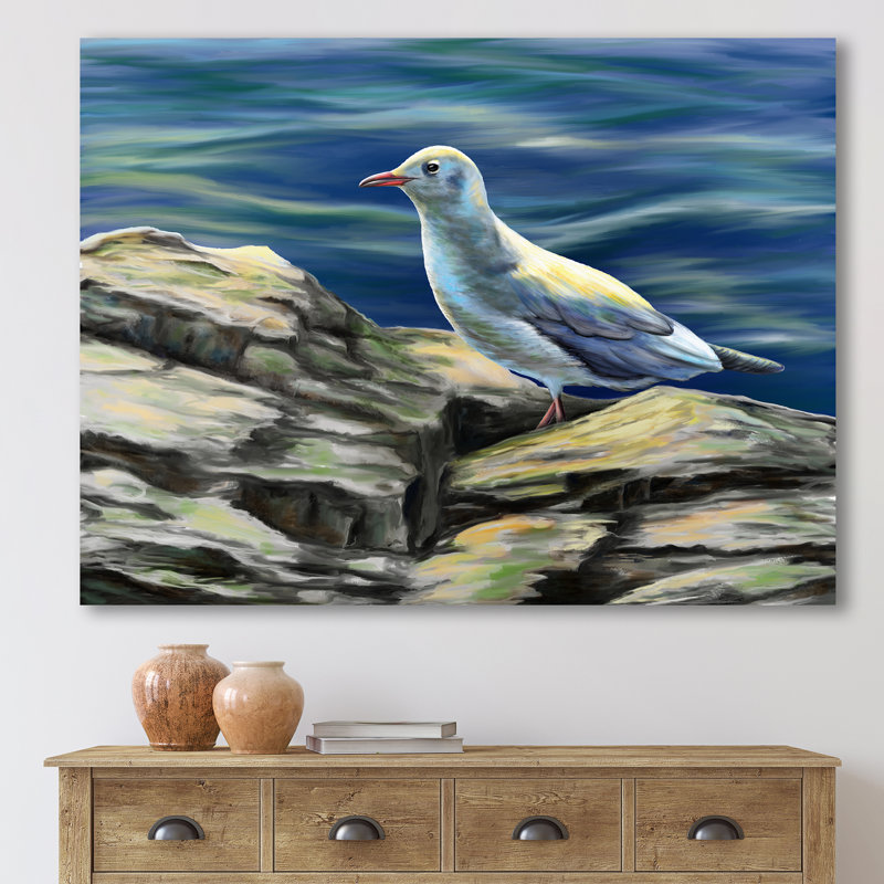 Oiseaux mouettes au bord de la mer - Peinture sur toile, Toile tendue, H 16 po x l 32 po x p 1 po