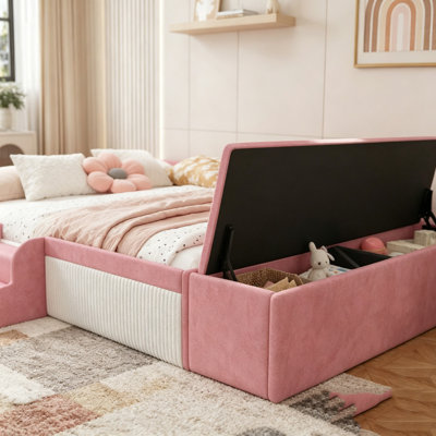 Velvet Upholstered Daybed with Stairs, Gas Lift Storage Ottoman