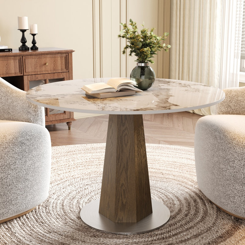 Table de bistro ronde moderne en bois massif pour 2 à 4 personnes | Pied central hexagonal stable et plateau en pierre frittée aspect marbre, idéal comme table de cuisine ou de salon