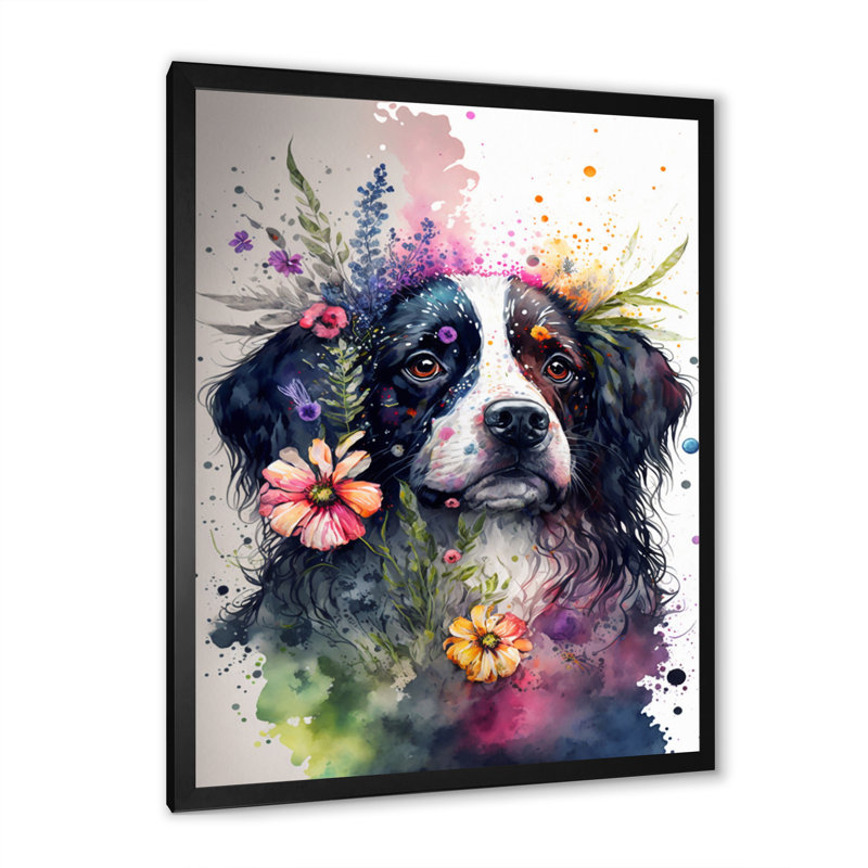 «Cute Dog FloralI», impression sur toile, Cadre photo noir, H 20 po x l 12 po x P 1 po