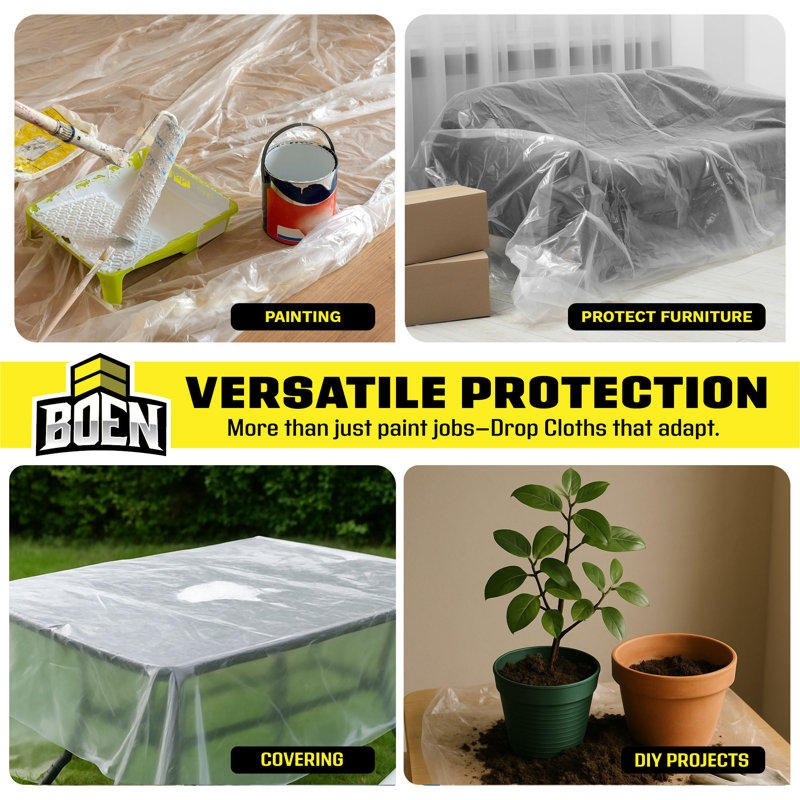 Boen Clear Plastic Drop Cloth, 9 ft x 12 ft, 3 Mil Heavy-Duty Painters Plastic Sheeting Roll, Waterproof, Tear-Resistant Paint Tarp for Furniture, Floors, Windows, Dust Protection – Multipurpose