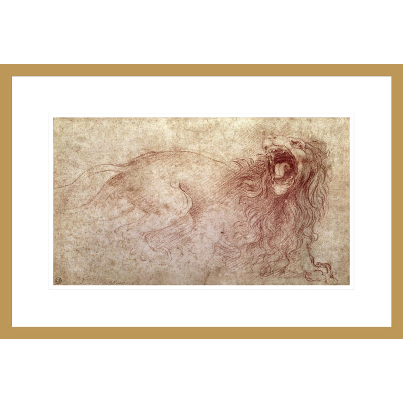 Esquisse d'un lion rugissant (craie rouge sur papier) par Leonardo Da Vinci, impression giclée encadrée