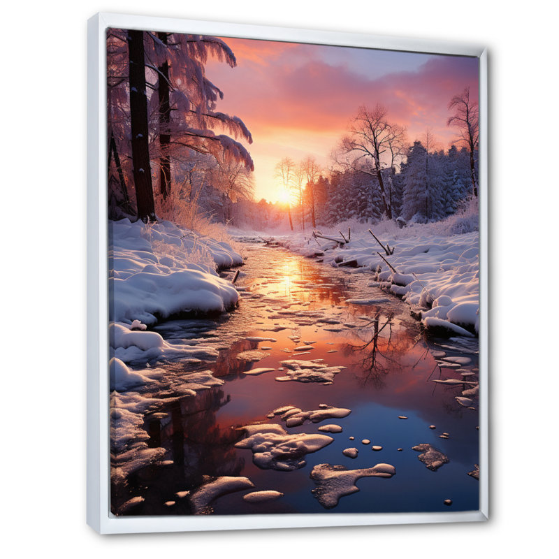 Winter Sunset Snowfall I, reproduction d'art sur toile, Cadre flottant blanc, H 40 po x l 30 po x P 1,5 po