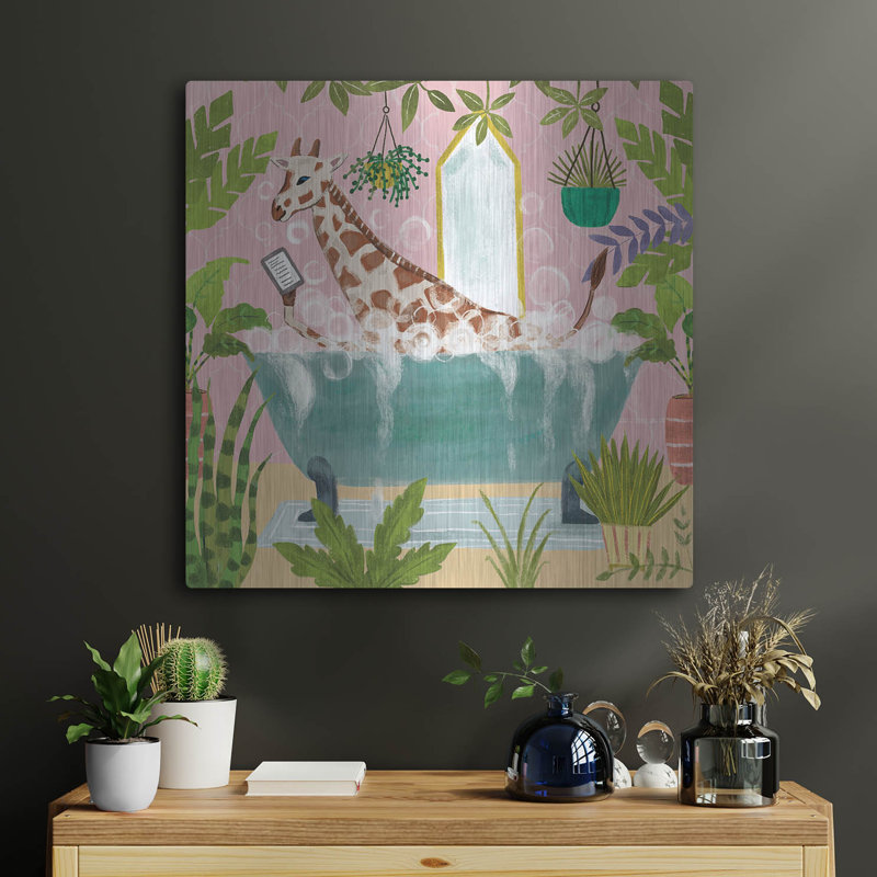 Art mural en métal luxueux «Giraffe In Tub No Drink» par Farida Zaman, 24 po x 24 po, H 24 po x l 24 po