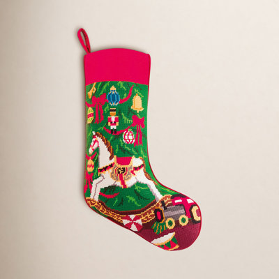 Holiday Rocking Horse Embroidered Needlepoint Stocking