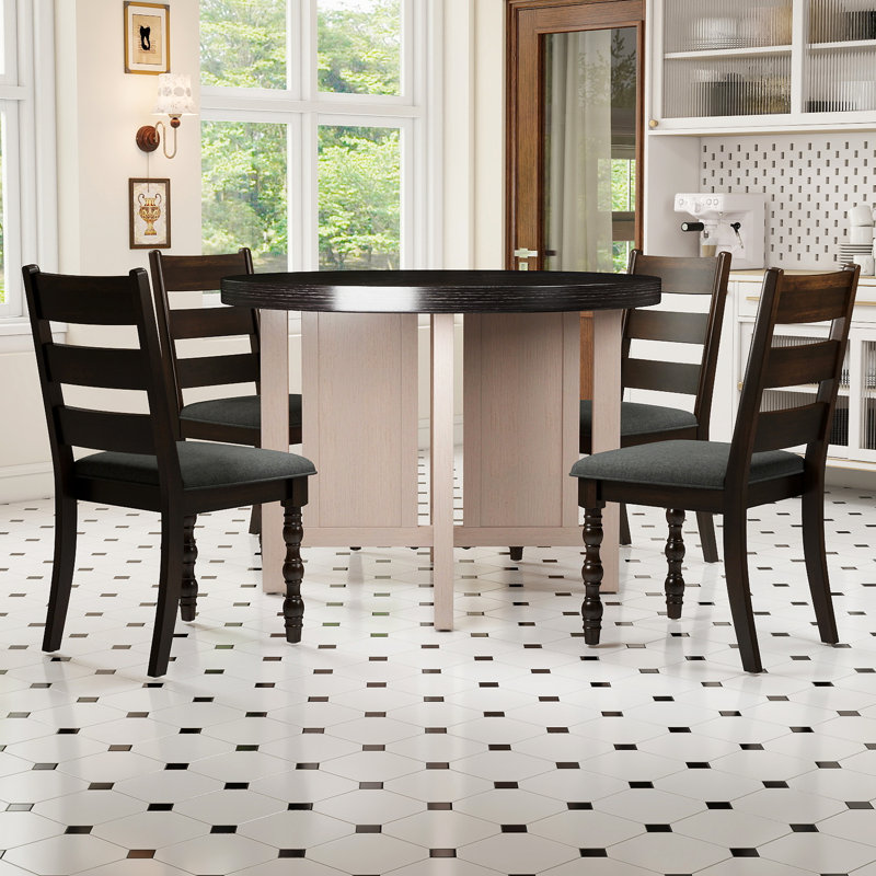 5-Piece Round Rustic Dining Set With Upholstered Ladder Back Chairs, Farmhouse Kitchen Table Set, Fit For 4 People
