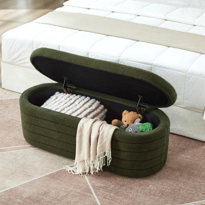 Banc moderne avec repose-pieds ovale - siège rembourré en tissu Teddy Boucle, avec fonction de rangement, charnière de sécurité, utilisation en bout de lit