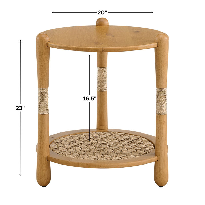 Arnkell Round Wood End Table With Seagrass Shelf, Natural