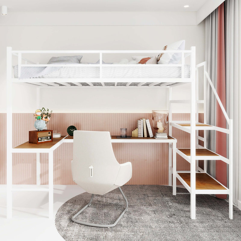 Lit mezzanine avec bureau en forme de L, espace de rangement spacieux et compartiments, cadre de lit robuste avec escalier, garde-corps continu, peu encombrant et silencieux, sommier tapissier non requis