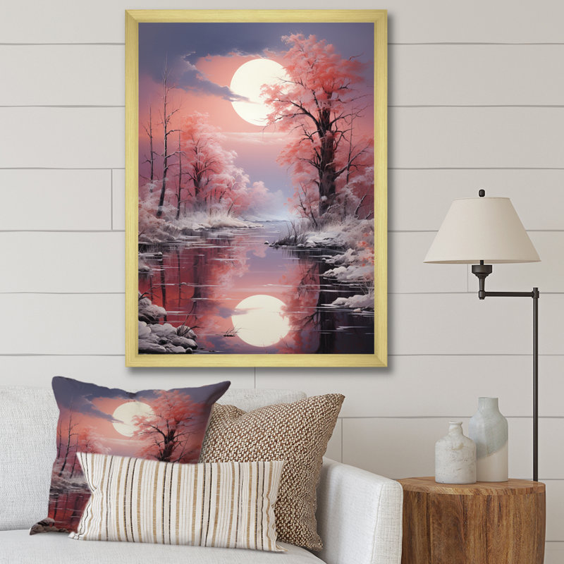 " White Fushia Winter Twilight II ", 32" H x 16" W x 1" D, Gold Single Picture Framed