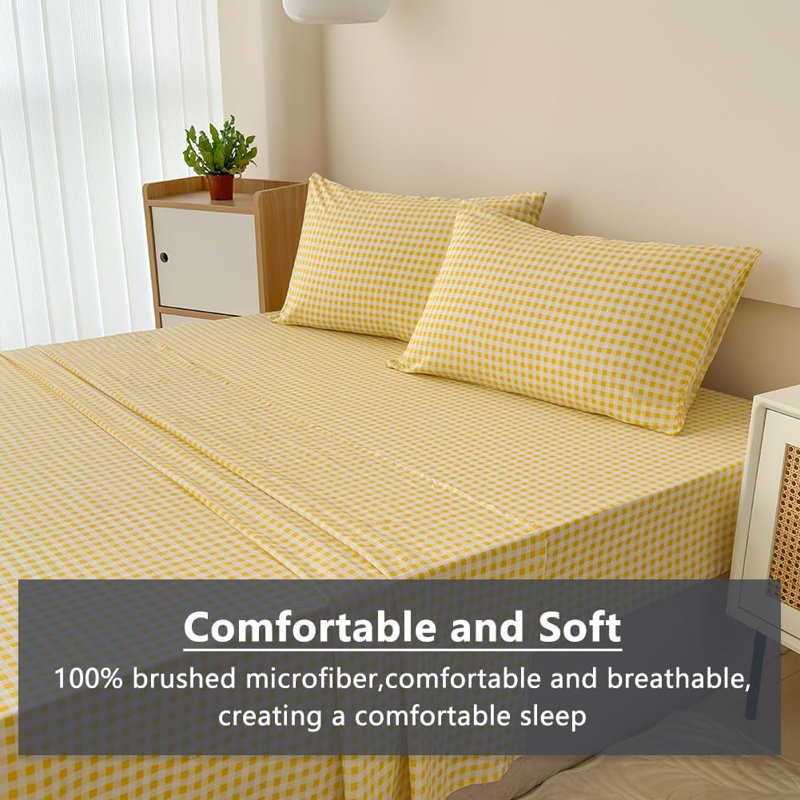 Gingham Sheet Set, Pre-Washed Microfiber Ultra-Soft Plaid Grid Sheets, King Sheet Set + 2 Pillowcases, Yellow Gingham