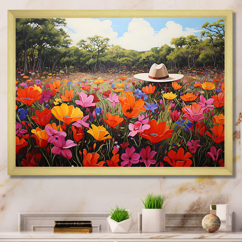 Cowboy Hat Flower Blooms - Cowboys, art mural, Cadre doré à coins fermés, H 16 po x l 32 po x P 1 po