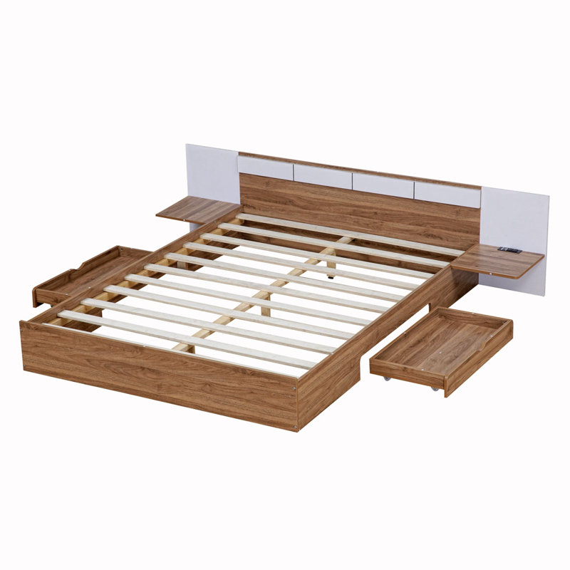 Revkah Storage Platform Bed, Bed with Headboard, Drawers, Shelves, USB Ports and Sockets, Natural