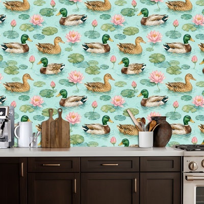 Peel and Stick Wallpaper Contact Paper Watercolor Ducks Lotus Flowers Pond Lily Pads Self Adhesive and Removable 24in x 118in(60x300cm)