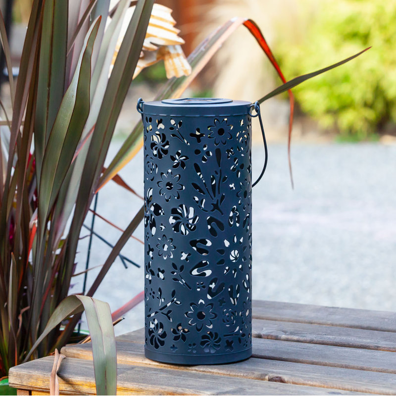 Midnight Blue Floral Punched Metal Solar Lantern