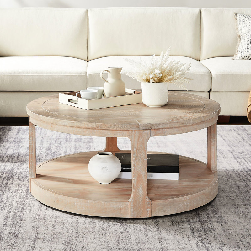 Table basse ronde en bois de 40 pouces avec 2 - Style rustique Mid-Century pour la maison et roues mobiles