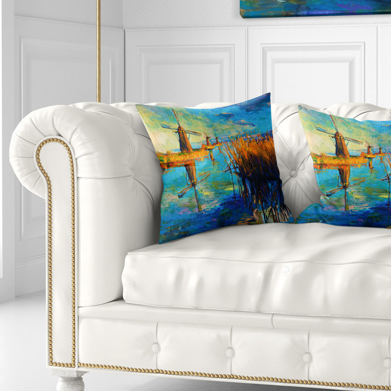 Paysage, moulins à vent avec ciel et oreiller d'eau, 16 po x 1 po, Coussin décoratif