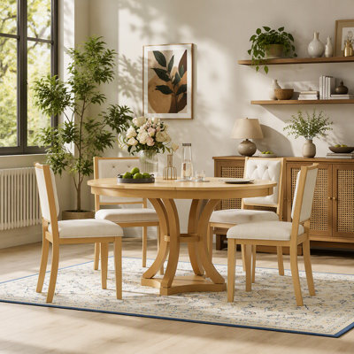 5-Piece Retro Functional Dining Table Set Extendable Round Table and 4 Upholstered Chairs for Dining Room and Living Room (Natural)