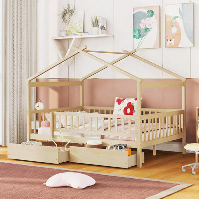Imaginative Wooden House Bed With Two Drawers For Kids, Offering Storage, Comfort, And Safety For A Fun Bedroom Experience.