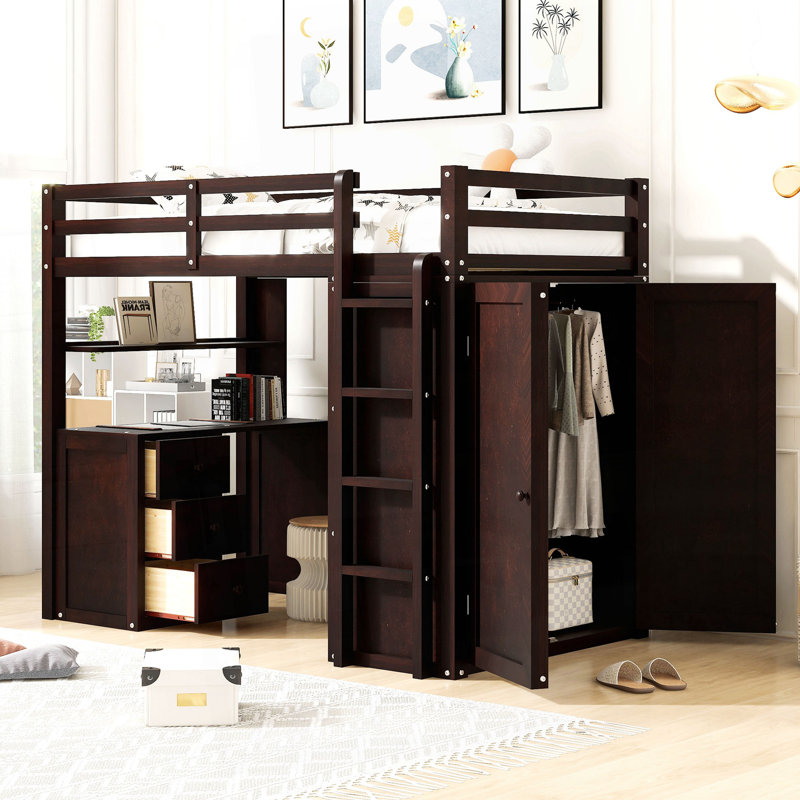 Florinka Loft Bed with Drawers,Desk,and Wardrobe, Espresso, Twin
