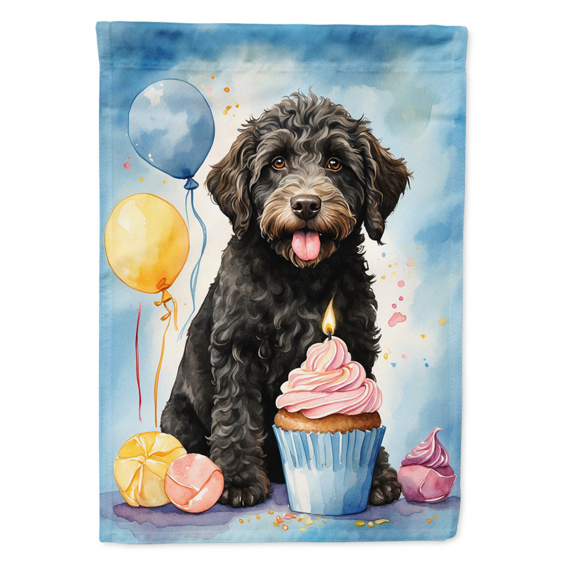 Drapeau de jardin «Happy Birthday», Labradoodle noir