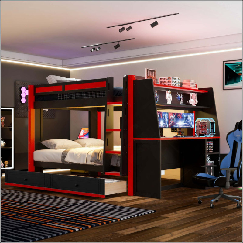 Lit superposé multifonctionnel avec lumière DEL, bureau et étagères, tiroirs, Tiroirs
