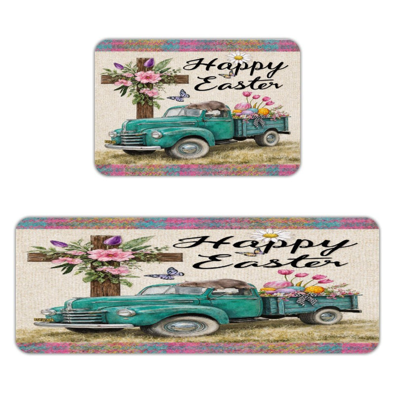 Tapis de cuisine antidérapant 2 pièces, Camion bleu sarcelle, œufs de Pâques