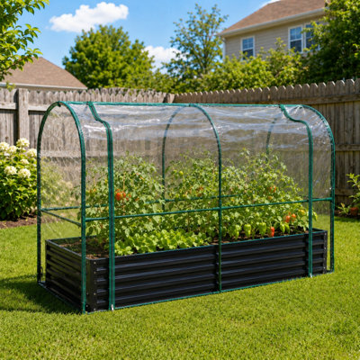 Jardinière surélevée avec mini-serre en PVC, bac à plantes en métal galvanisé de 180 x 90 cm avec tente de protection transparente, châssis froid extérieur pour semis de légumes, noir