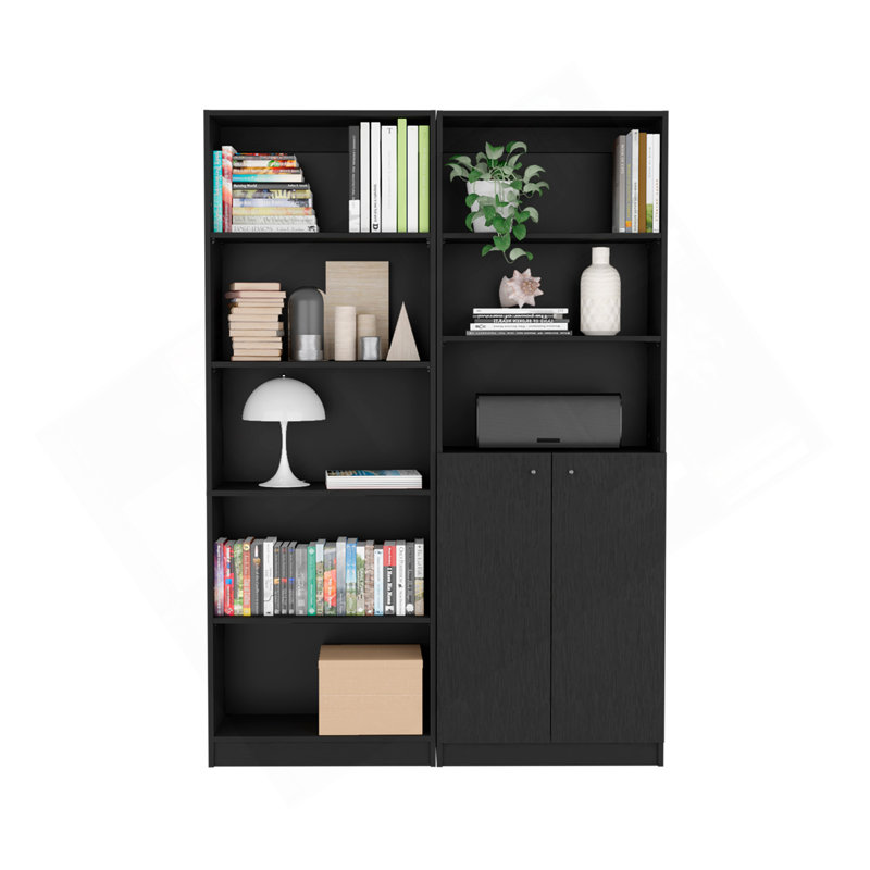 Layton 2 Piece Home Bookcase Set, 49" Wide With 8 Shelves And Double Door Cabinet, Living Room Set Black, Black