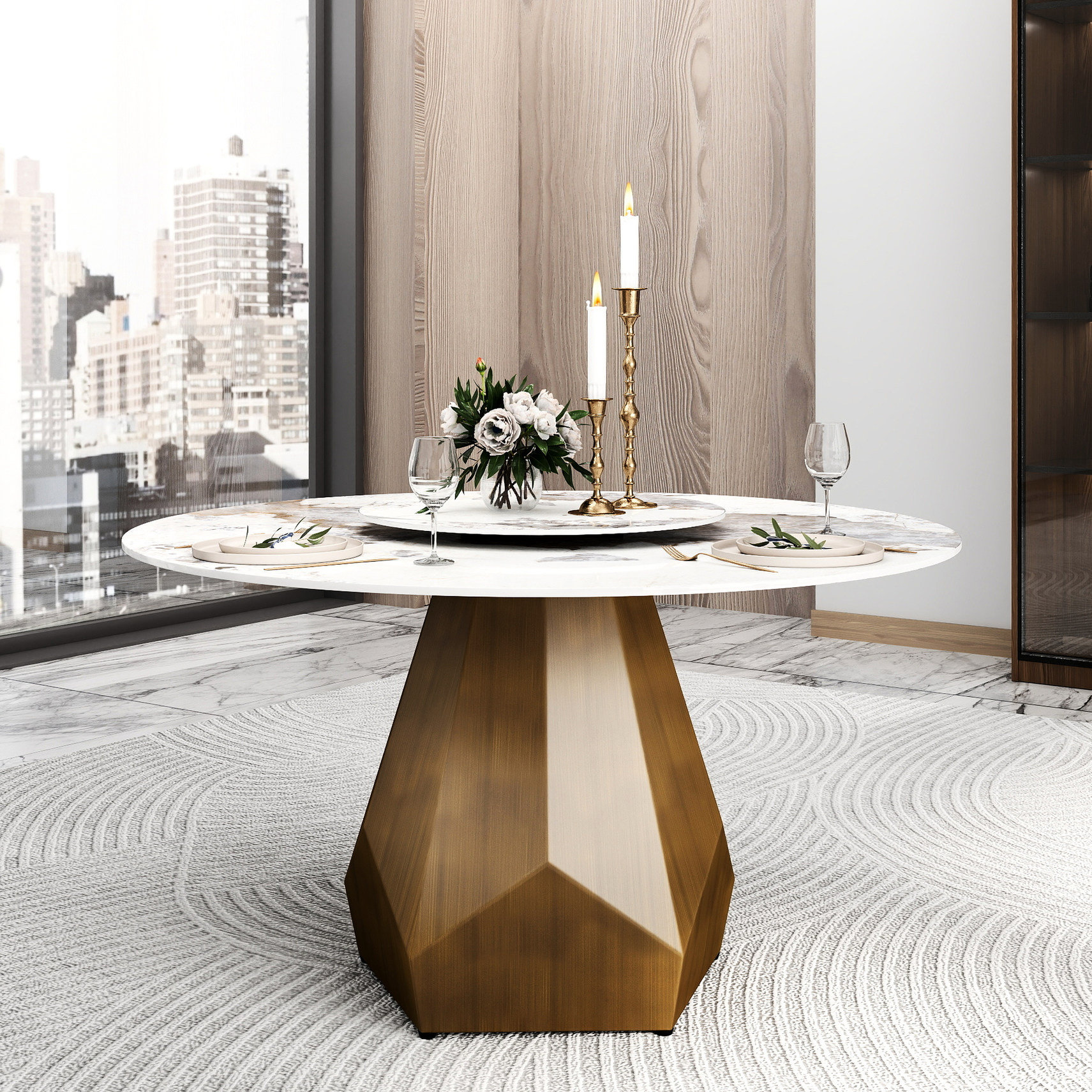 Ivy Bronx 53" Round White Marble Dining Table For 6 People With Metal ...