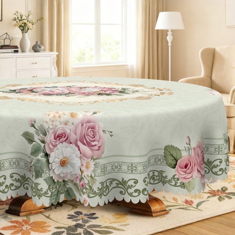 Light green washable polyester tablecloth with pink floral print