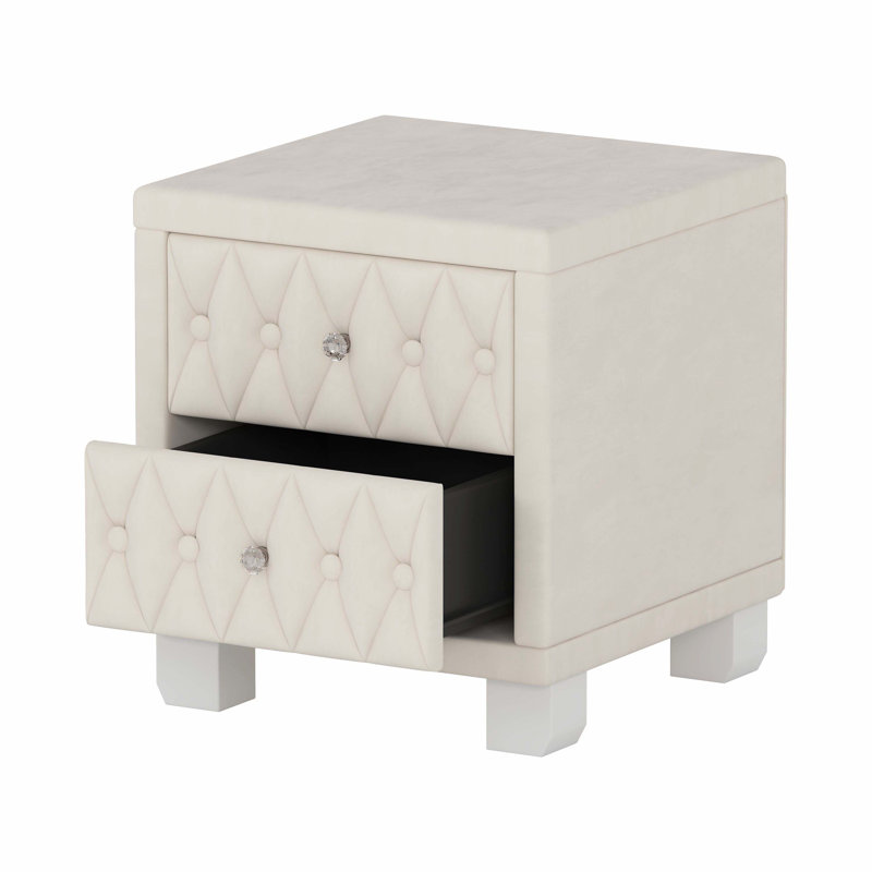 Elegant Velvet Nightstand With 2 Drawers And Crystal Handle, Storage Bedside Table With Button-Tufted, Beige