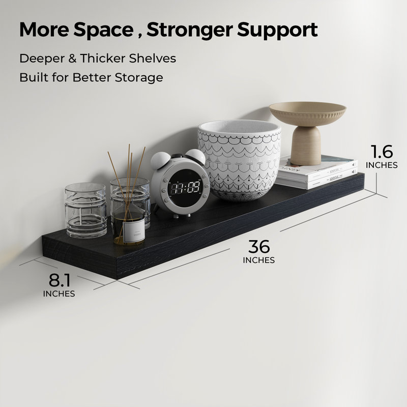 Avnish Solid Wood Floating Shelf, Black, 1.6" H x 36" W x 8.1" D