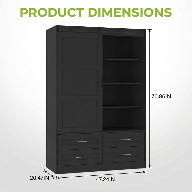Armoire haute pour chambre avec tringle, tiroirs et tablettes ouvertes pour le rangement des vêtements