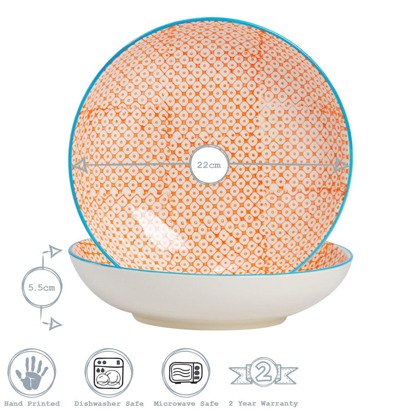 Nicola Spring Hand-Printed Pasta Bowls - 22cm - Orange - Pack of 6
