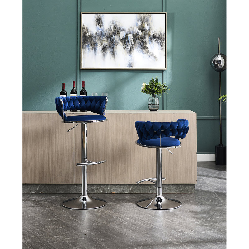 2 tabourets de bar en velours bleu - base en métal avec placage pour une apparence attrayante en velours réglable en hauteur, repose-pieds ergonomique