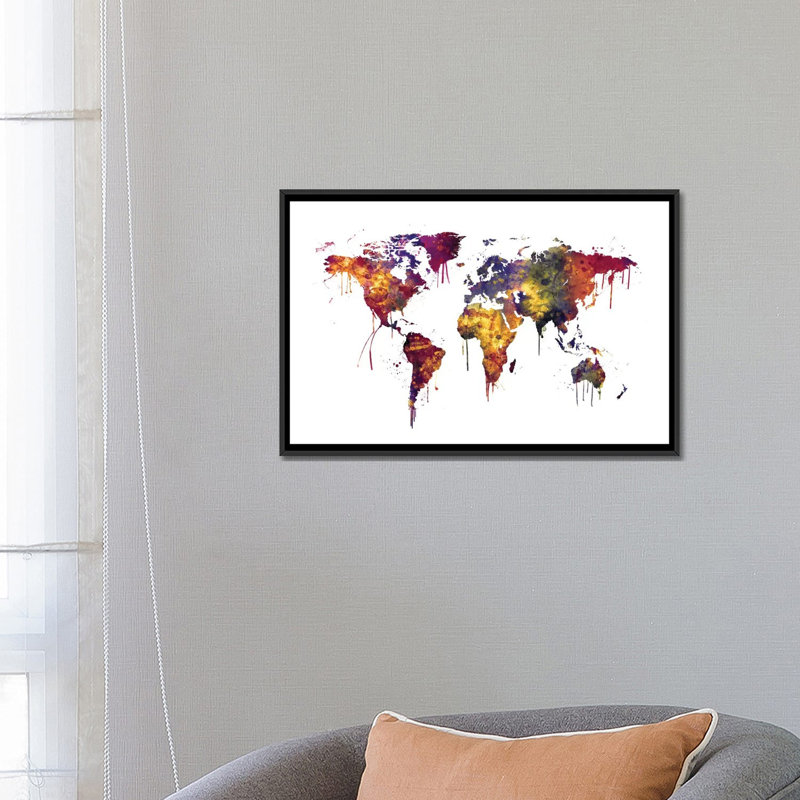 World Map Series: Dripping Effect III, impression sur toile tendue, H 18 po x l 26 po x P 1,5 po, Toile avec cadre noir