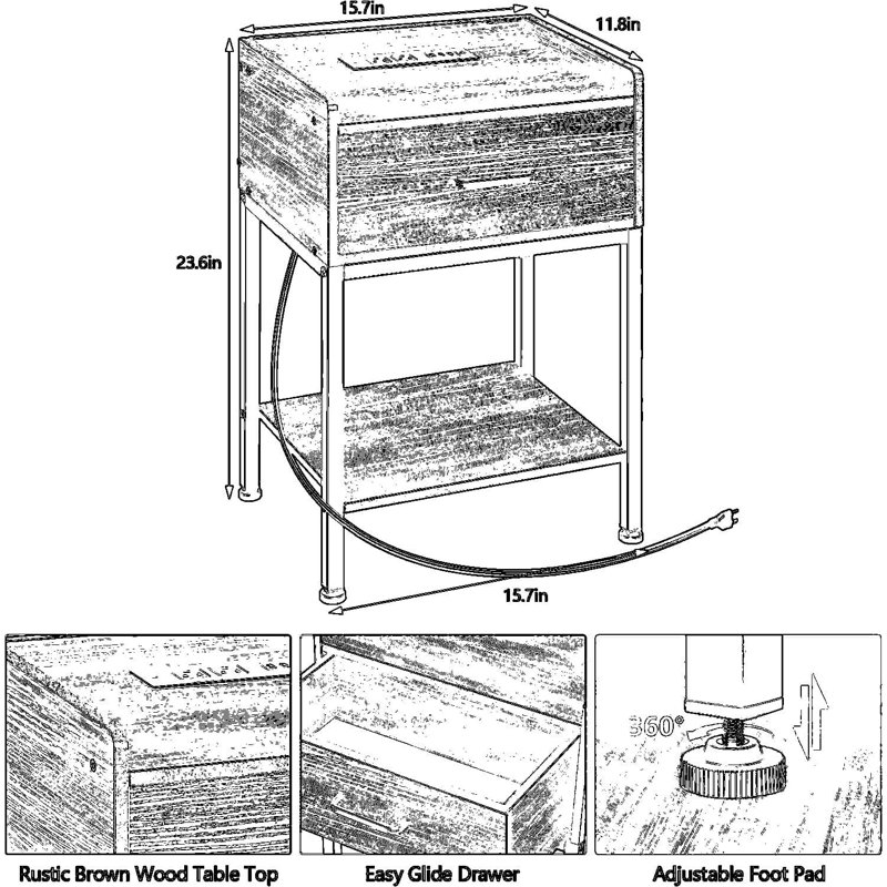 Table de chevet avec station de charge, table de chevet à 2 niveaux avec tiroir et tablette de rangement, table de bout compacte pour la chambre à coucher et le salon, assemblage facile