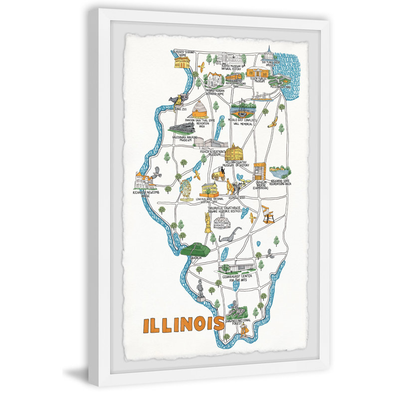 Illinois Sites Map - Reproduction d'art graphique sur papier encadré, H 12 po x l 8 po x P 1,5 po