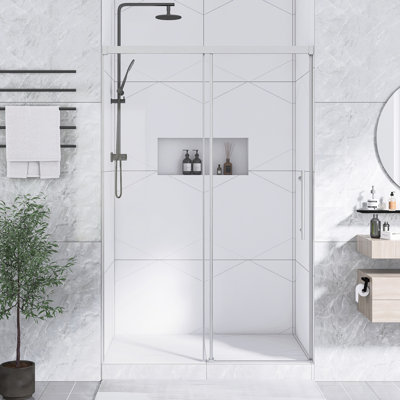 48 po L 72 po x H 72 po. Porte de douche coulissante simple en verre chromé ｜ 5 mm fixe et verre coulissant 6 mm sans cadre | Verre trempé transparent, poignée en acier inoxydable, poulie cachée, réglage maximal de 4 po
