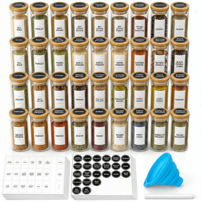 36 Pack 4oz Empty Glass Spice Jars with Bamboo Lids & Labels, Minimalist Farmhouse Stickers & Funnel, Seasoning Containers for Spice Rack, Cabinet & Drawer